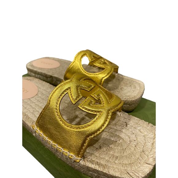 Gucci Interlocking G Cut Out Espadrille Gold Leather GG Slide Sandal 38.5 - Picture 5 of 10